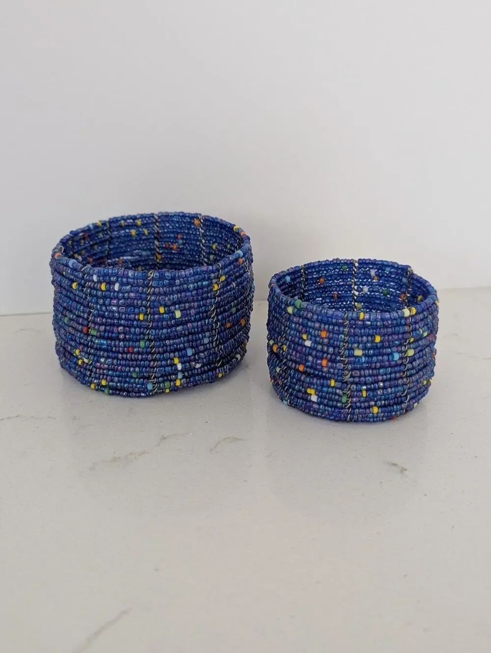 Vtg Handcrafted Zulu South African Wire&Seed Bead Trinket Bowls Set Of 2 Imbenge